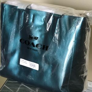 Coach Large Derby Tote Metallic Leather TEAL nwt